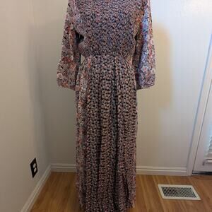 Donna Bella Linen Flower Long Dress Black /Multi color Size XL